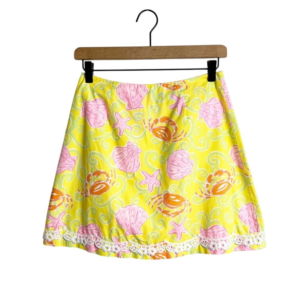 LILLY PULITZER SUNRISE SANDBAR VINTAGE YELLOW PINK SEASHELL MINI SKIRT SIZE 2